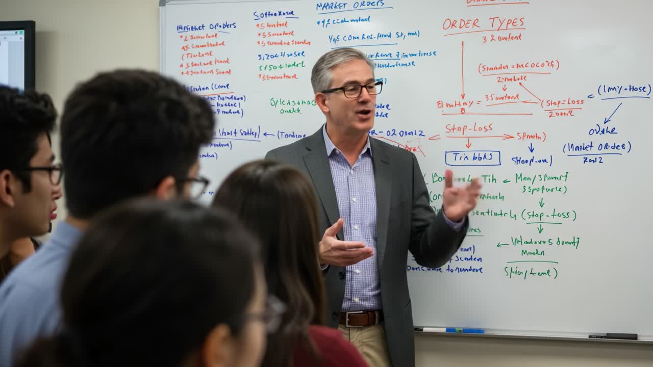 Instructor Explaining Market Orders and Order Types to Engaged Students in a Classroom Setting with Whiteboard Notes on Trading Strategies