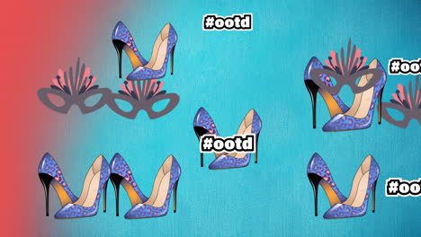 animation of ootd text high heels and carnival mask repeated on blue background