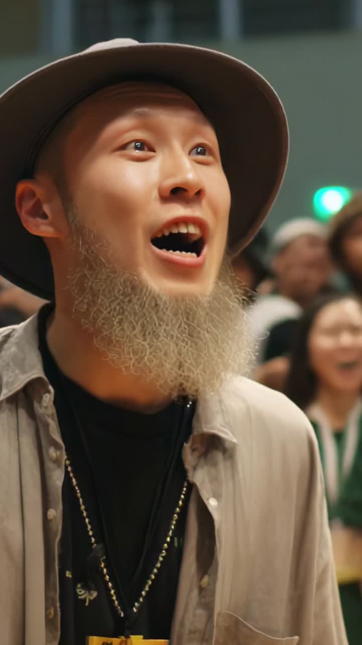 Ecstatic Reaction of a Man with a Beard and Hat in a Crowd, Captured in Two Frames Showcasing Excitement and Engagement in a Lively Atmosphere