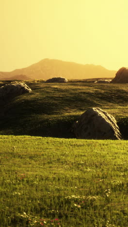 puesta de sol sobre un prado con rocas y montañas