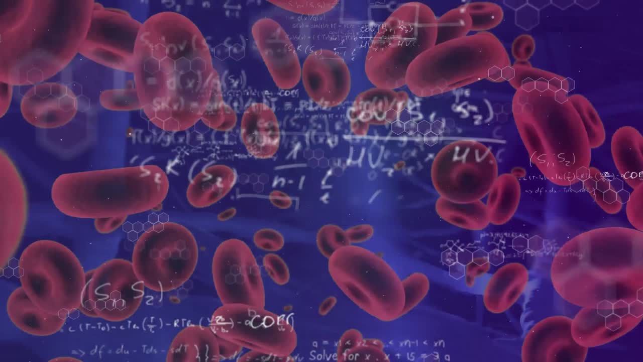 Animazione di elaborazione dati su globuli rossi fluttuanti su sfondo viola.