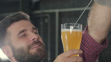 young brewer wearing a leather apron is tasting beer at a modern brewery