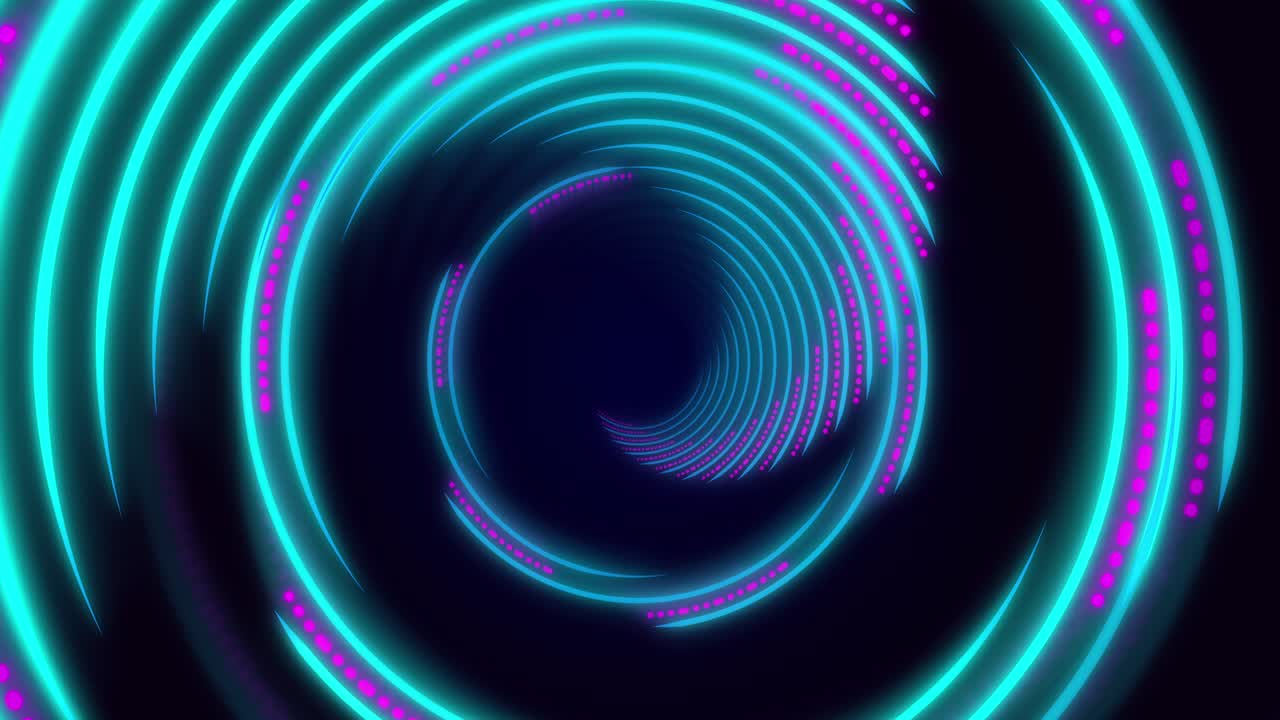 Blue and purple neon light curved lines forming a spiral tunnel. Futuristic science fiction abstract background. 3D loop animation