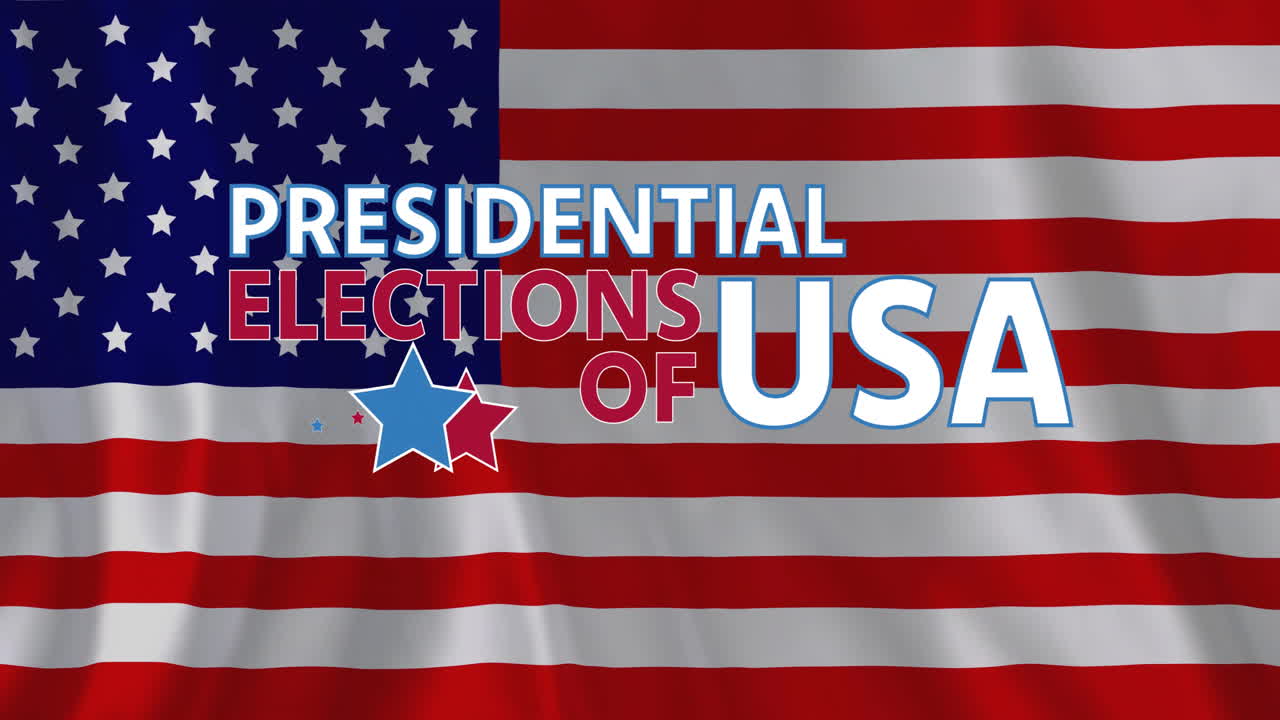 Animation of presidential elections of usa text and stars over waving american flag