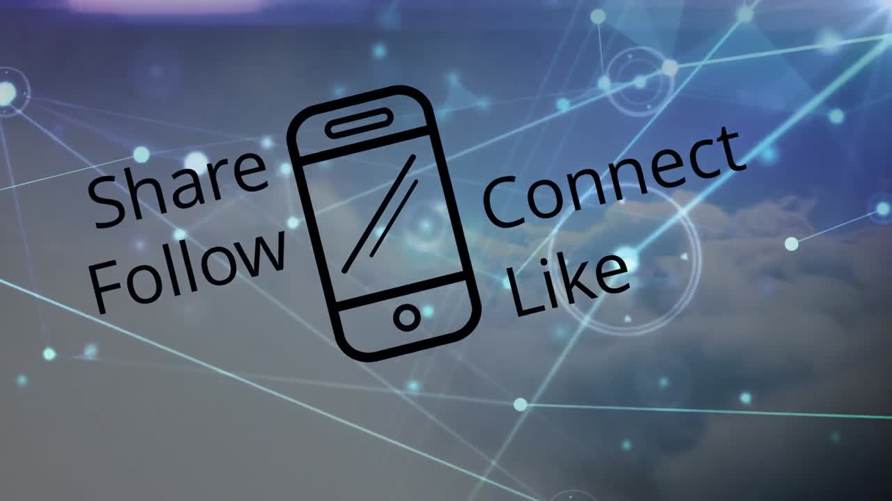animación de compartir seguir conectar como texto con icono sobre la red de conexiones
