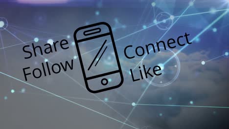 animation of share follow connect like text with icon over network of connections