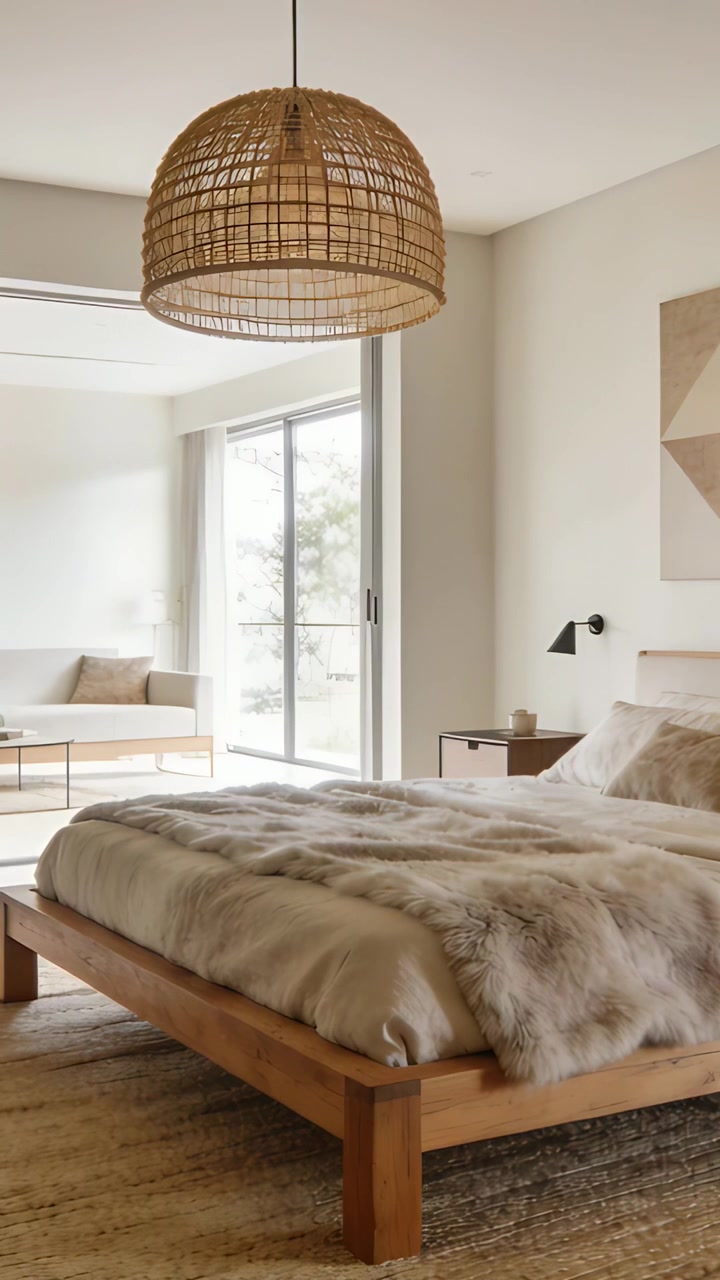 Video verticale: Telecamera che inquadra un letto di legno con una coperta di pelliccia in camera da letto, mostrando un arredamento neutro e naturale.