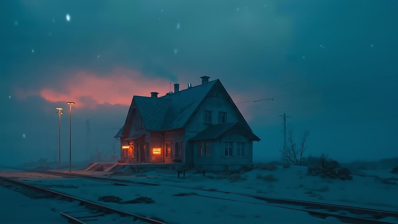 Ein Bahnhof inmitten eines verschneiten Feldes bei Nacht