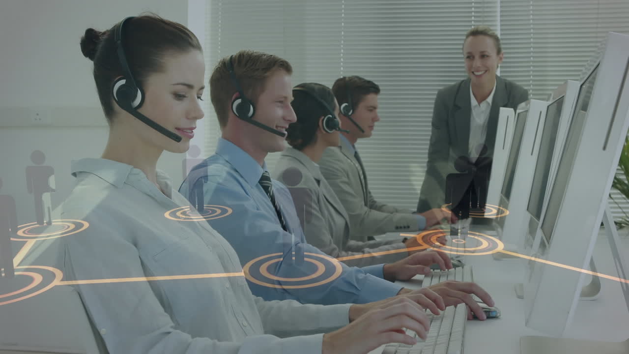 전화 헤드 ⁇ 을 착용 한 사업가 들 을 통한 연결 네트워크 의 애니메이션