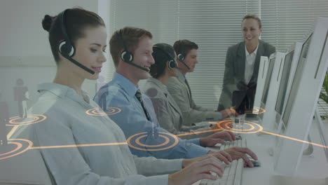 animación de la red de conexiones a través de personas de negocios que usan auriculares telefónicos