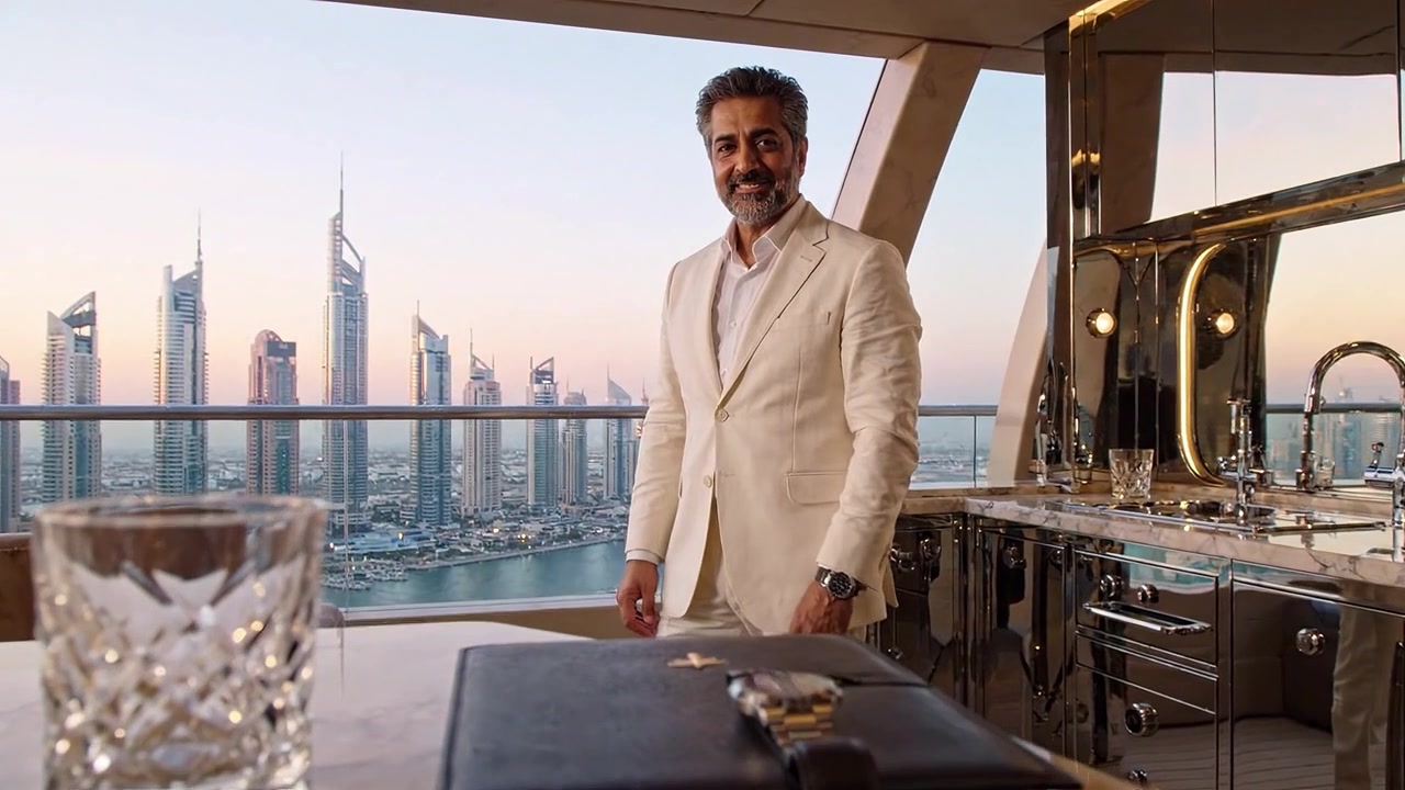 Un uomo elegante in un raffinato abito bianco abbellisce un lussuoso attico con una vista mozzafiato sullo skyline della città al tramonto in un contesto urbano moderno