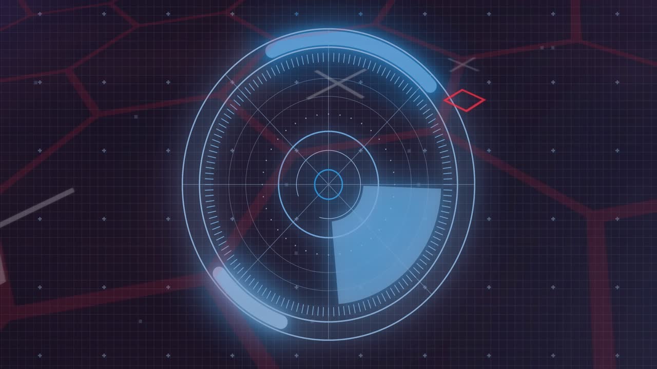 Central HUD rotating when red line crossing mid, blue sector sweeping, rings pulsing for monitoring