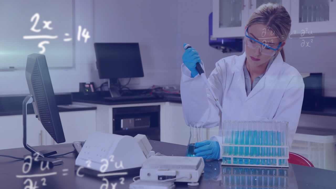 animación de ecuaciones matemáticas sobre científica caucásica haciendo un experimento en el laboratorio