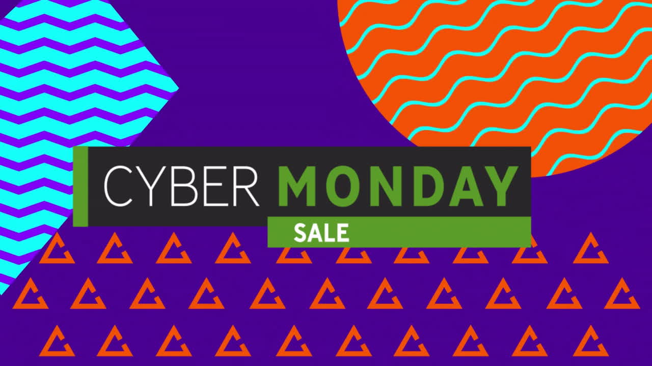 Animation of cyber monday sale text over vibrant pattern background