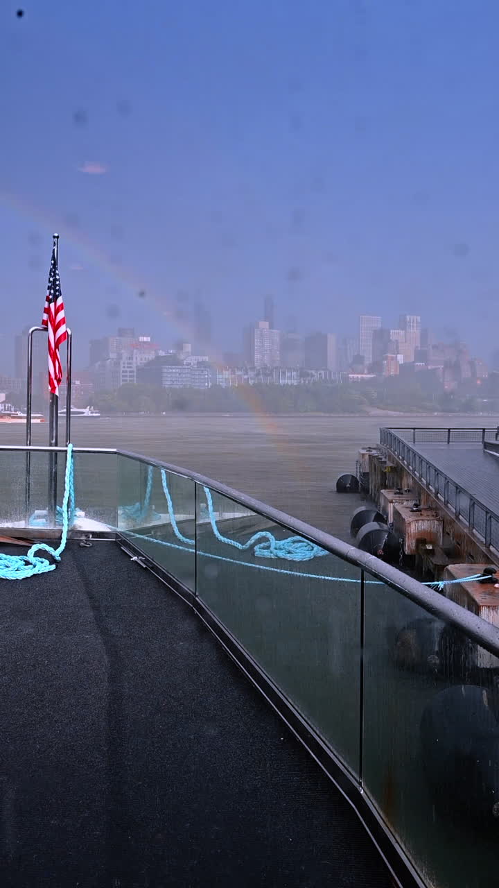 Rainy NYC waterfront day. A stormy scene unfolds along the New York City waterfront, showcasing the skyline and an American flag amidst rain