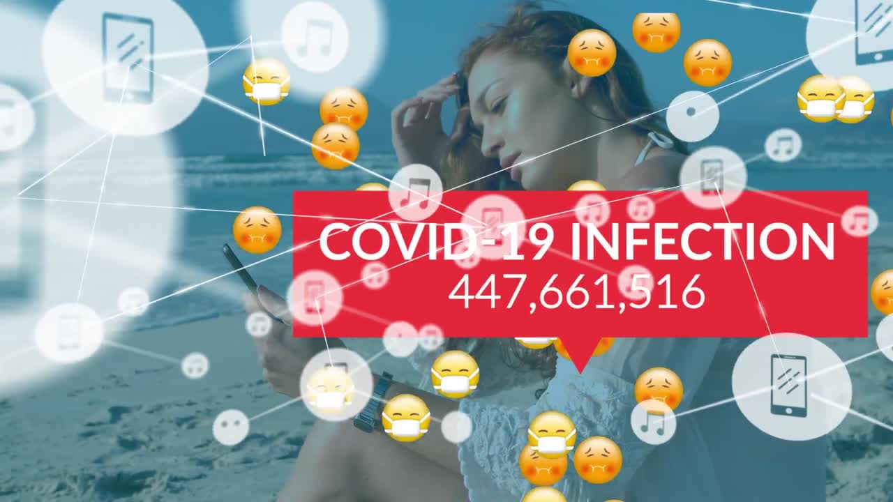 animación de la red de conexiones con iconos de la pandemia sobre la mujer caucásica en la playa