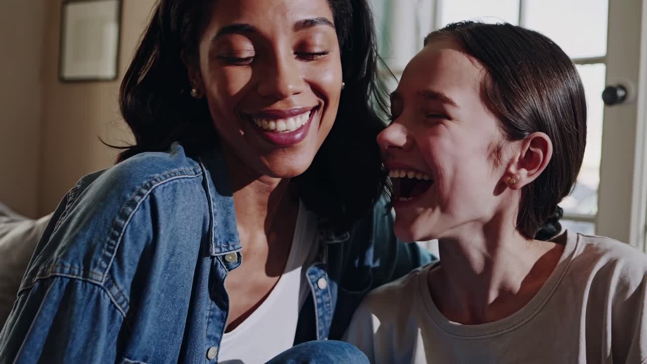 Casual video scene of two friends laughing indoors, captured from a close-up angle