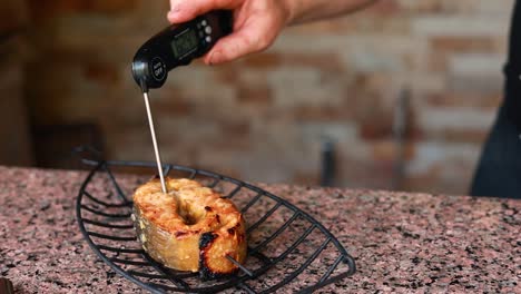 checking the temperature of grilled salmon