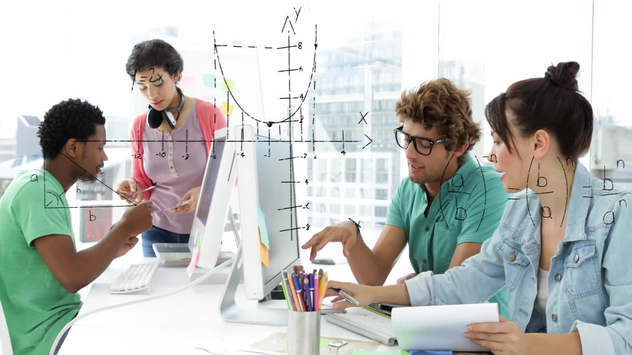 en la escuela, estudiantes diversos colaborando con gráficos matemáticos y animación de ecuaciones