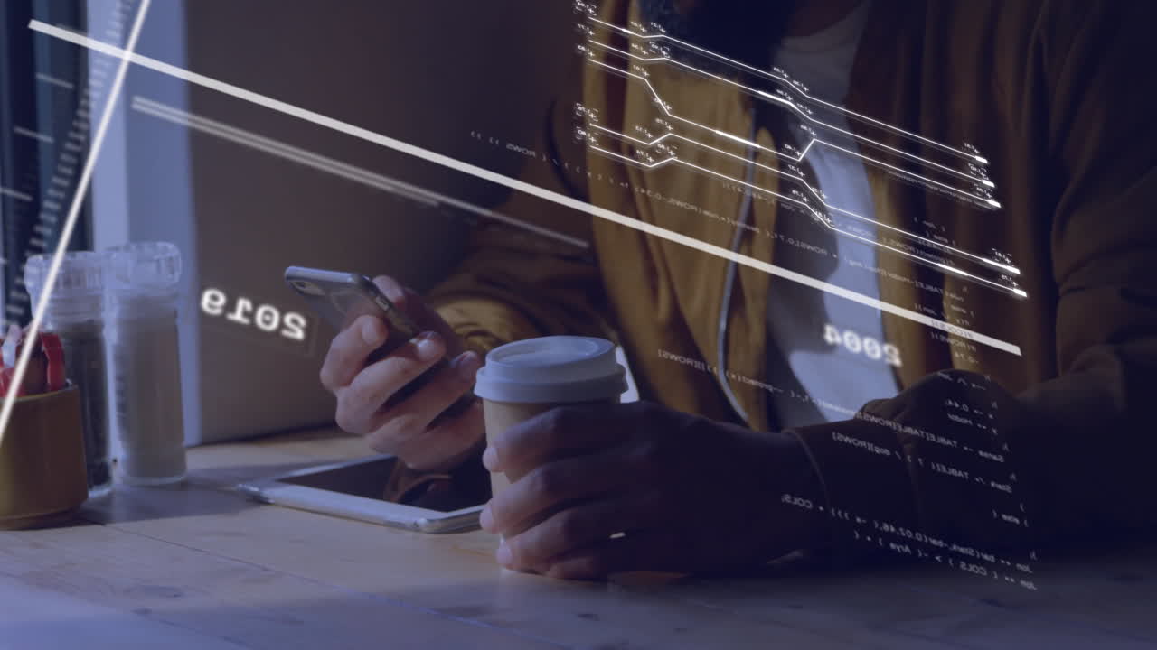 Seated tech professional holding smartphone and cup, displaying tablet amid floating code overlay