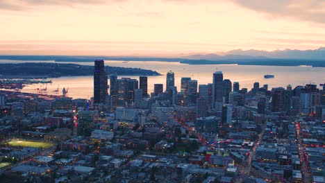 urban skyline seattle washington aerial west facing view harbor city sunset