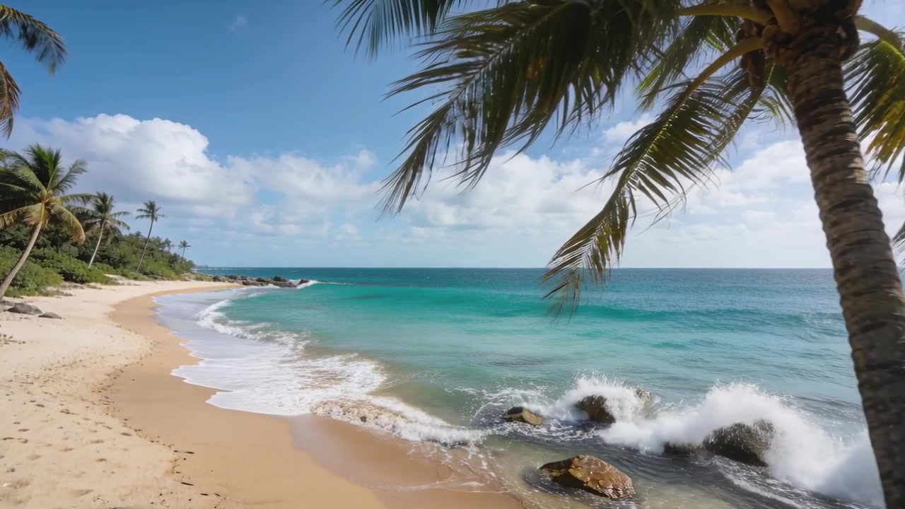 Oleaje creciente empujando la playa de arena en forma de media luna, olas rompiendo en las rocas, tronco de palmera y frondas moviéndose.