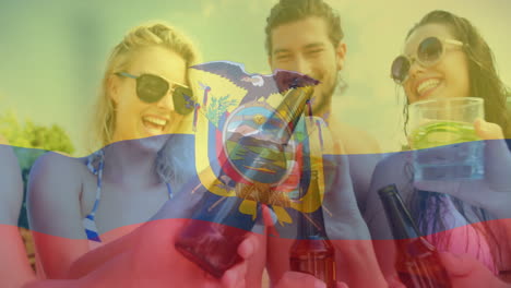 toasting with drinks, group celebrating over animated ecuadorian flag background