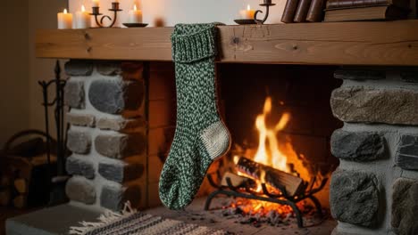 cozy fireplace scene featuring a handcrafted green knitted stocking decorated with candles and stones, evoking warmth and holiday cheer