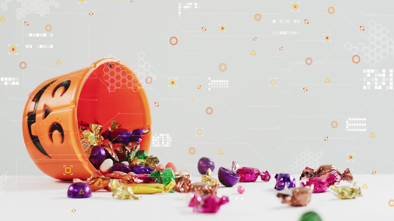 Orange pumpkin shape bucket entering above left, tilting, spilling candies, forming colorful trail