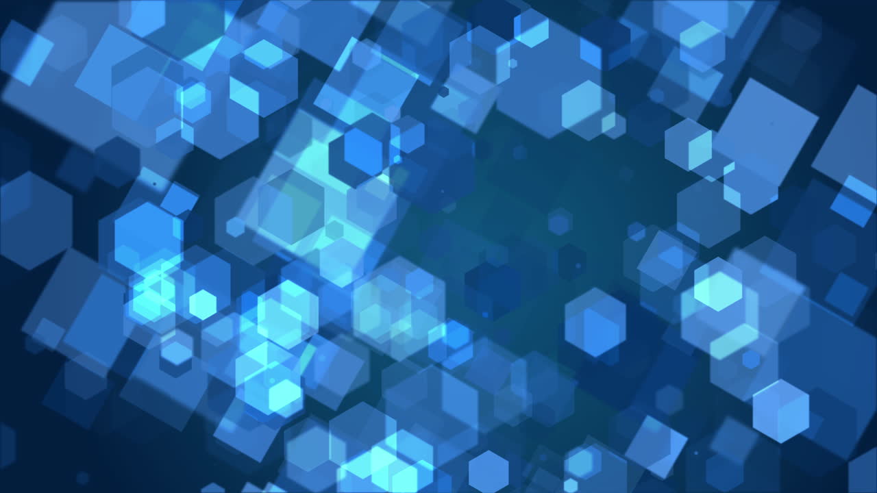 Abstract technology bright blue hexagon and square with light background. Loop wallpaper, web banner backdrop with place for text.