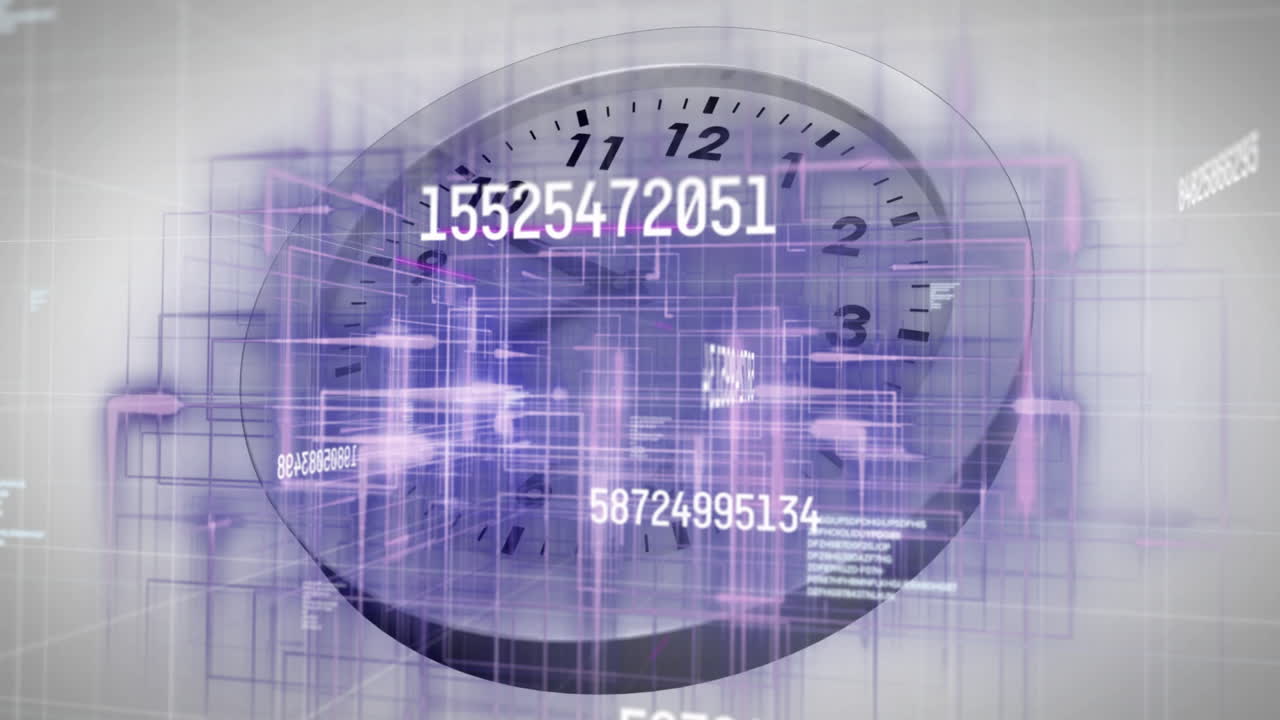 Clock face with digital numbers and data processing animation overlay