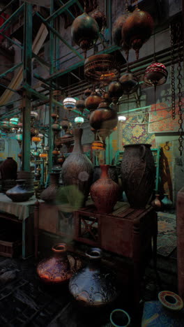 street market with lamps and pots