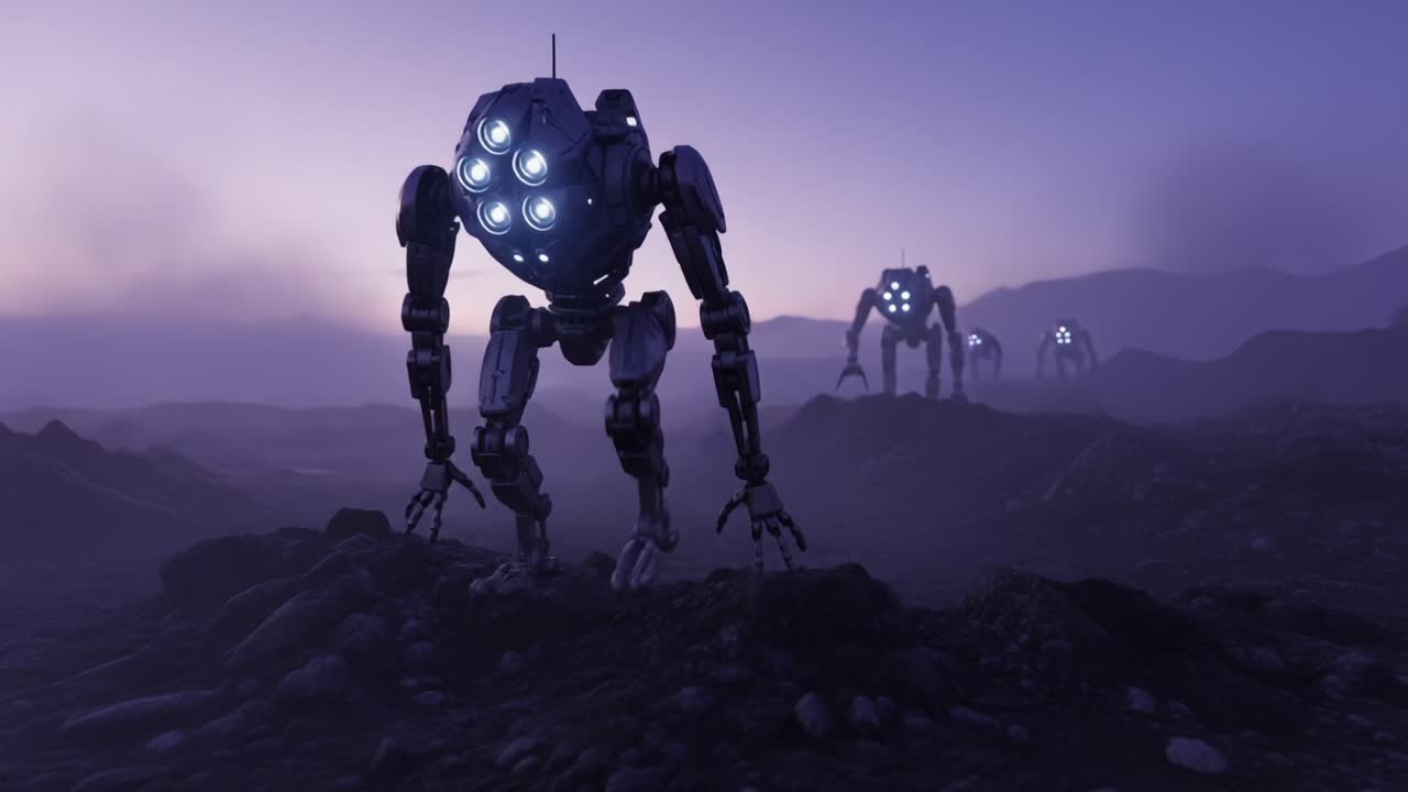 A Surreal Exploration of a Futuristic Landscape: Robotic Entities Move Gracefully Over Rugged Terrain Beneath a Twilight Sky in a Hypothetical Dystopian World