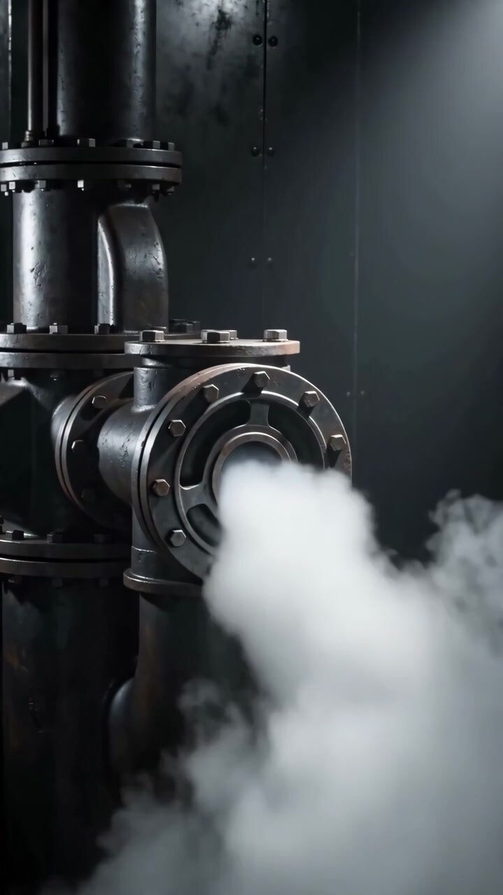 Valvola industriale che rilascia vapore in un ambiente meccanico scuro, catturata in una prospettiva ravvicinata con materiali metallici e toni in bianco e nero, che enfatizza l'aspetto industriale e meccanico