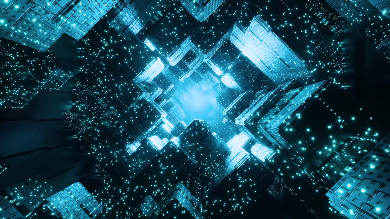 Flying in a Blue City tunnel. Infinitely looped animation.