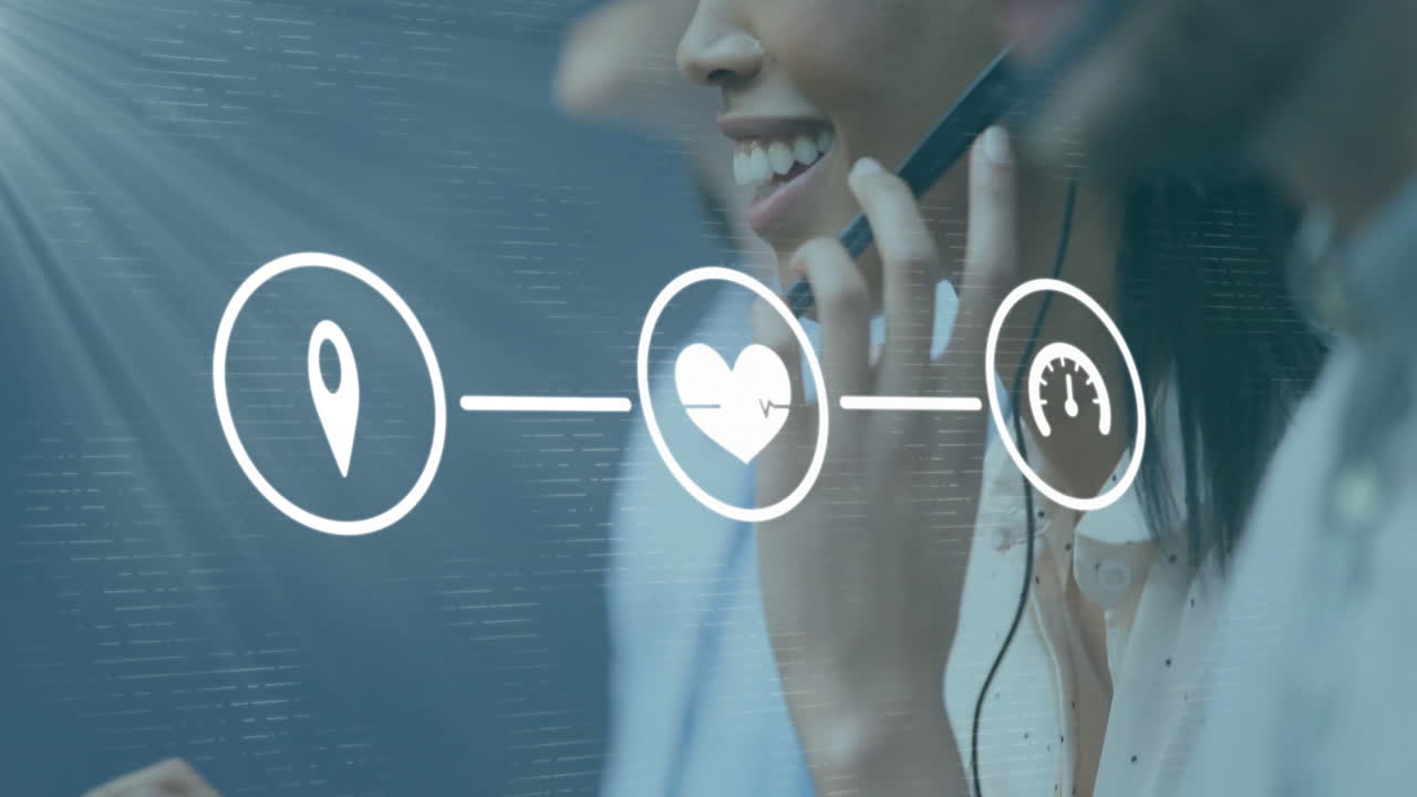 사무실에서 전화 헤드 ⁇ 을 사용하는 다양한 비즈니스 사람들에 대한 미디어 아이콘의 애니메이션