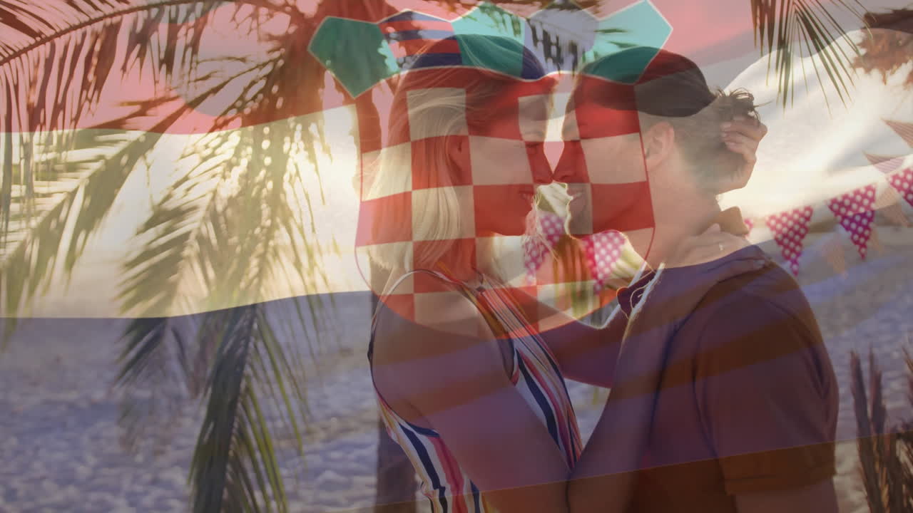 Embracing on beach, couple with Croatian flag overlay in animation scene