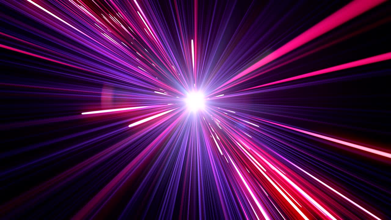 hermoso viaje espacial a través de las estrellas senderos hacia el sol. abstractos saltos en el hiperespacio en el universo. concepto de diseño digital. animación en 3d en bucle de líneas brillantes