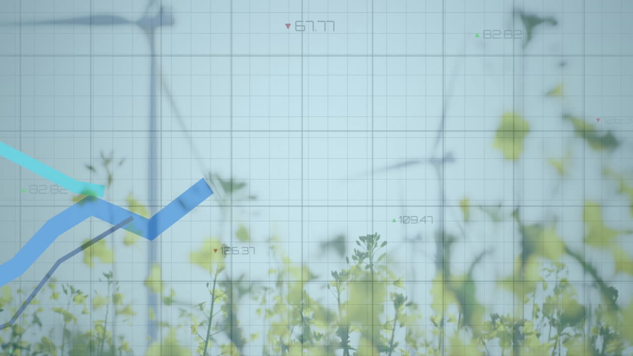 Financial data overlay showing rising colored line graphs on light blue grid over wind farm