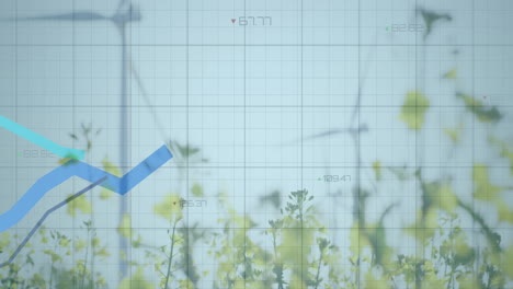 financial data overlay showing rising colored line graphs on light blue grid over wind farm