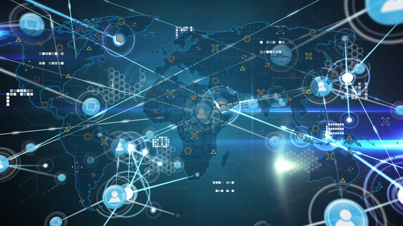 세계 지도 위의 아이콘으로 연결 네트워크의 애니메이션