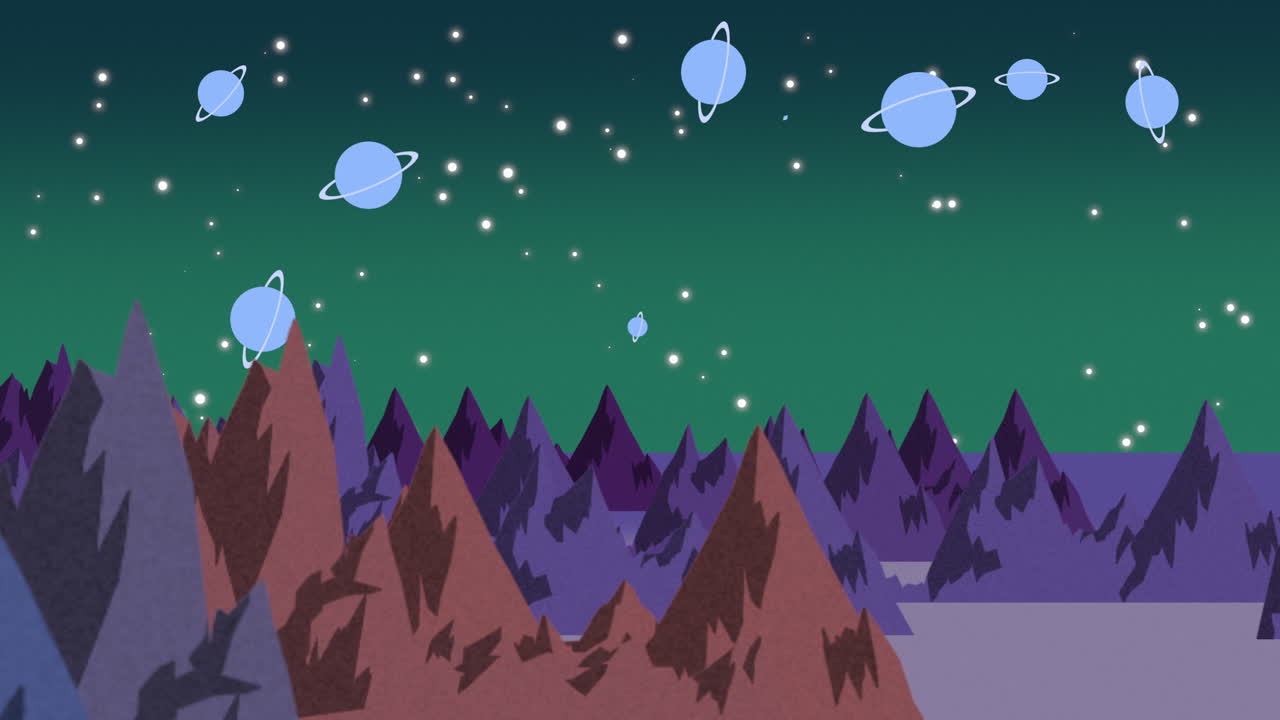 우주에서 행성과 산들과 만화 애니메이션 배경