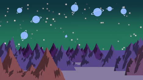 Cartoon-animation-background-with-planets-and-mountains-in-space