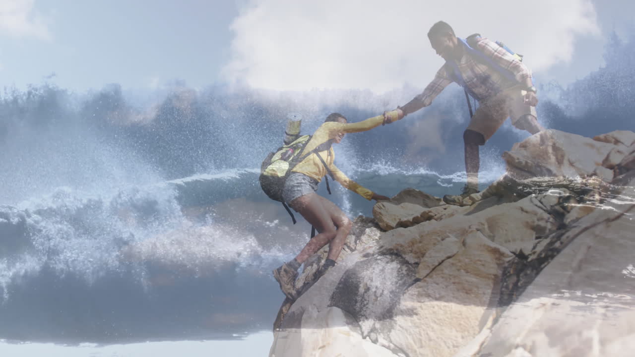 Man helping woman while climbing rocky coast, with animated backpack, wave icons and travel map