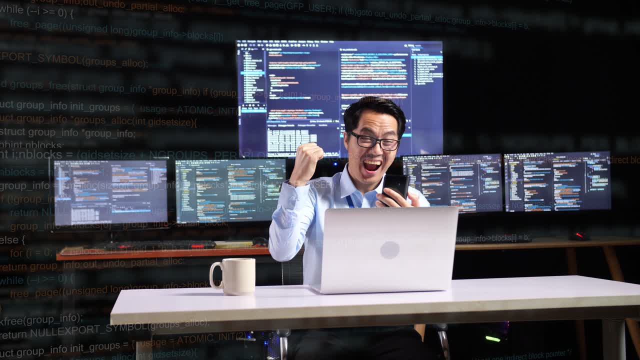 programador emocionado celebrando el éxito