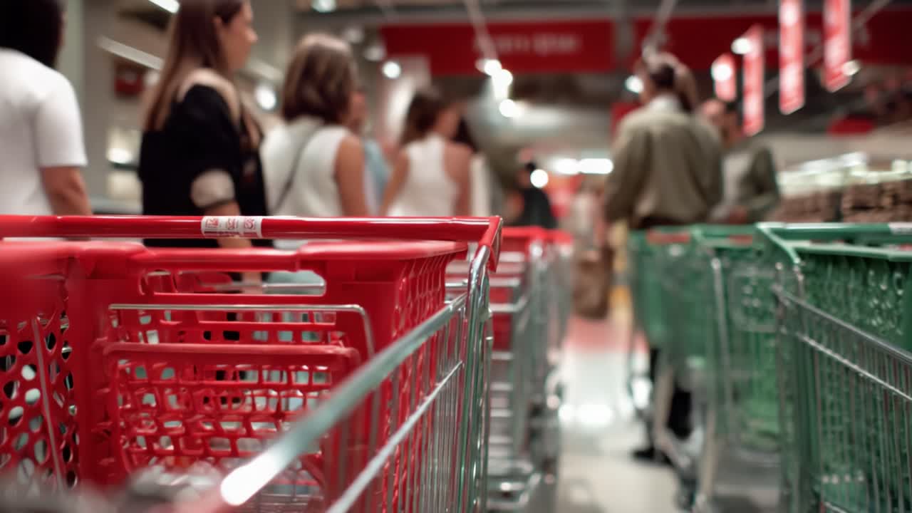 A bustling supermarket scene with shopping carts in focus, capturing the vibrant atmosphere of shoppers engaging in their weekly grocery routines and the anticipation of finding fresh produce