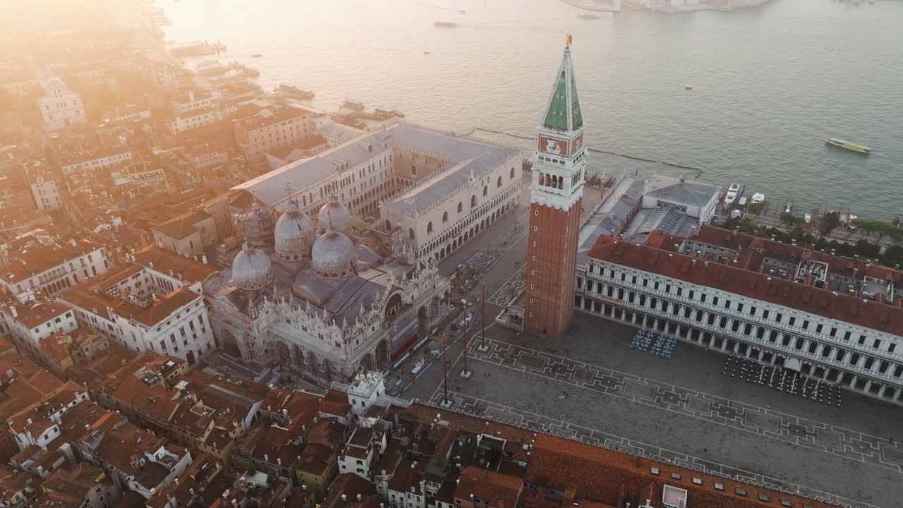 San Marco Square At Sunrise In Venice, Italy - aerial drone shot
