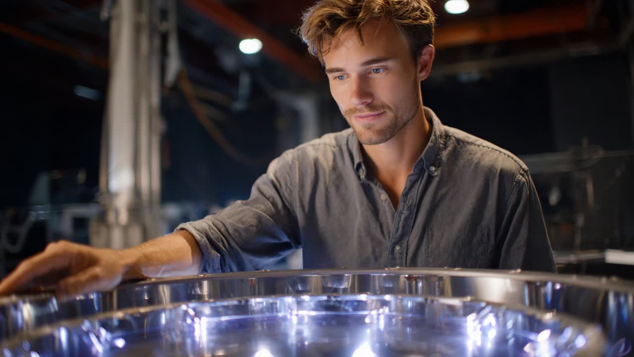 A focused young man engages with advanced technology in a high-tech environment, showcasing curiosity and concentration as he interacts with a futuristic illuminated device, highlighting innovation and exploration