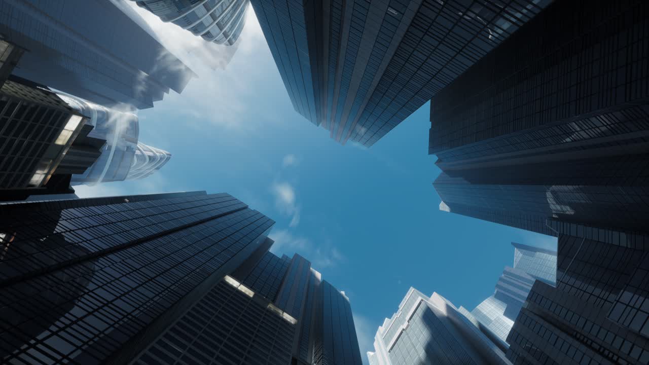 vista de bajo ángulo de los edificios de vidrio espejo. centro de negocios con vista de rollo de barril