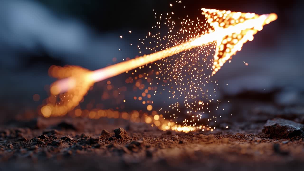 Flickering arrow sparks against dark, gritty earth. Golden particles drift in slow motion from the tip. Blurred background enhances the arrow's fiery glow. Emotionless, the shot focuses on energy